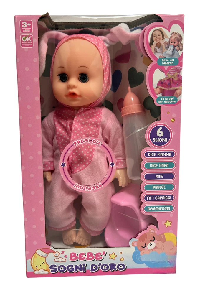 Bambola che Beve e fa Pipì Bambola cm 30 Parlante Vasino Biberon Pigiama Animali - Immagine 4 di 4