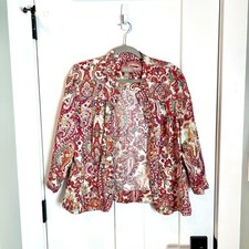 Chico's Linen Blend Paisley Bright Colorful Boho Artsy Cropped Cardigan Jacket L