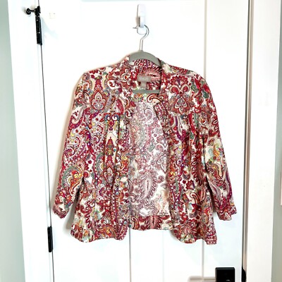 Chico's Linen Blend Paisley Bright Colorful Boho Artsy Cropped Cardigan Jacket L
