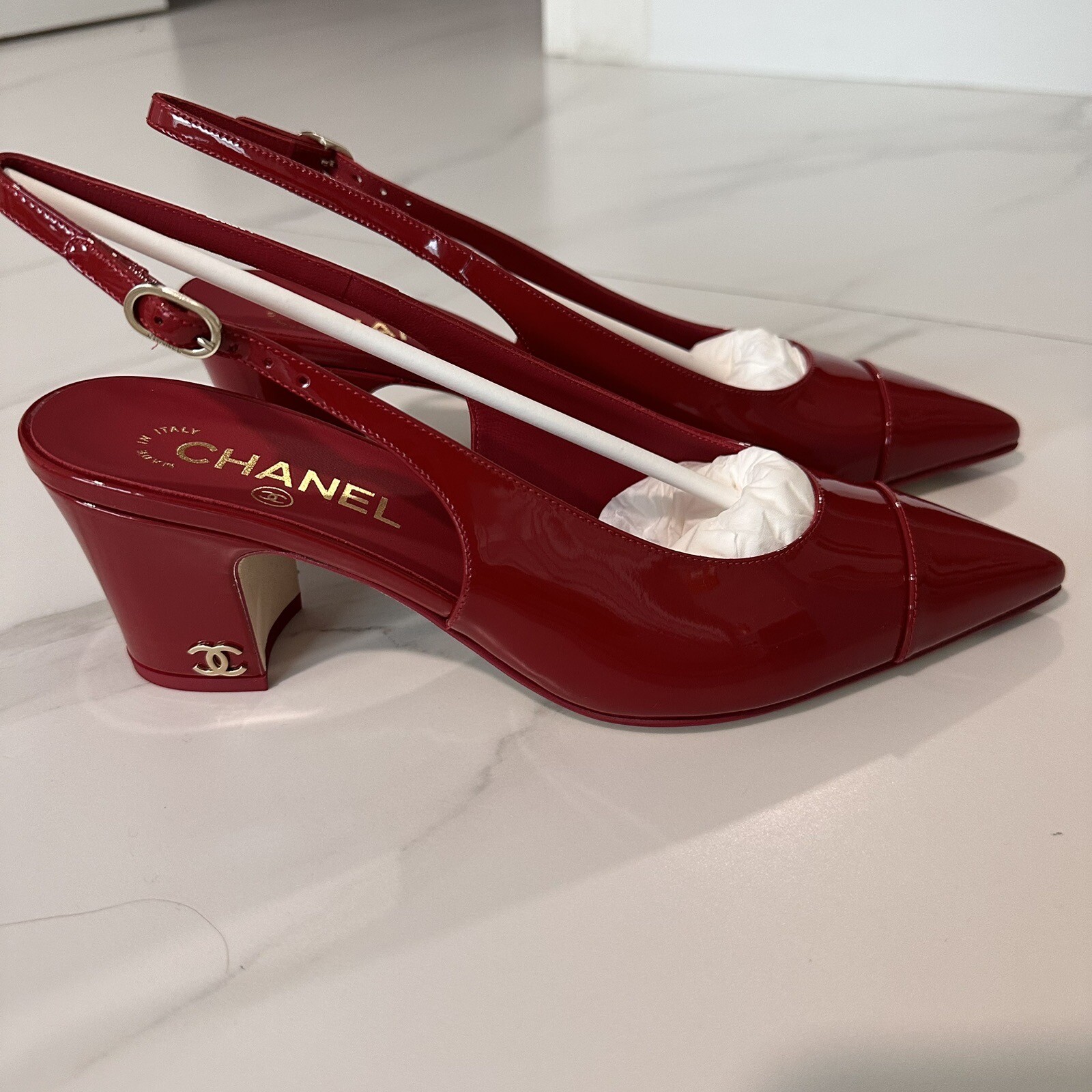 SOLD OUT Chanel Red Paten leather Heels Sz 9.5