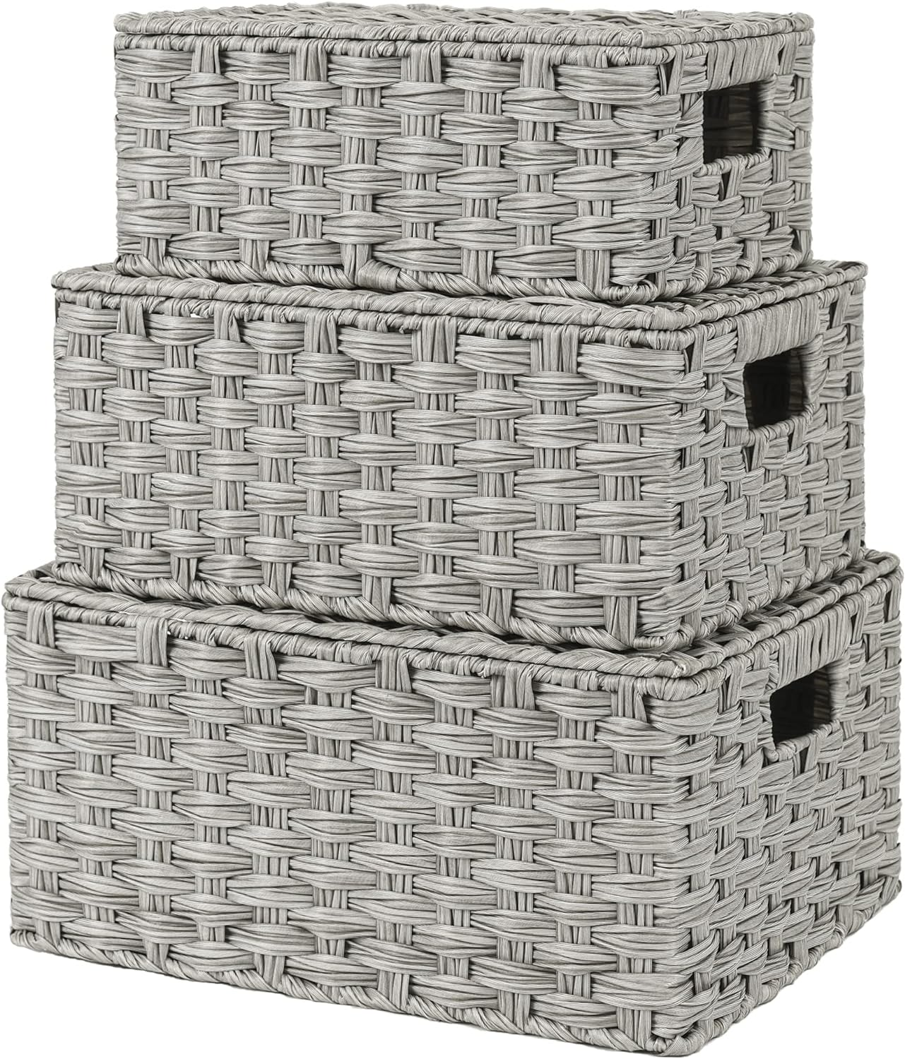 Wicker Storage Baskets, Woven Decorative Boxes with Lids, Set of 3 Wicker Basket-image