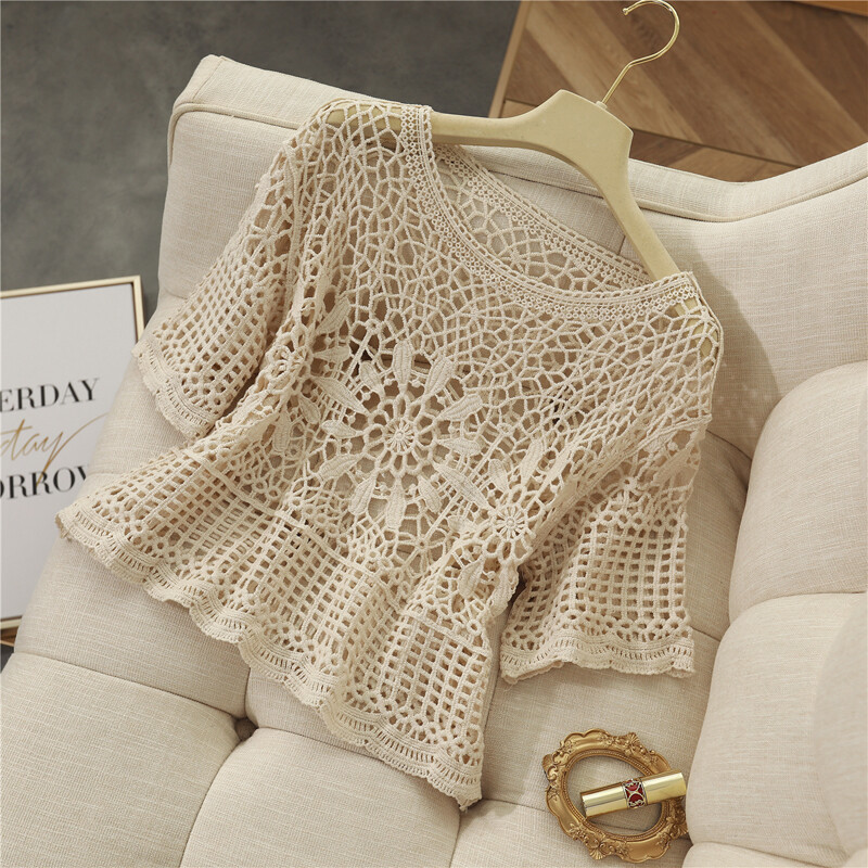 Women Hollowed Lace Crochet Shirt Knit Cropped Top Floral