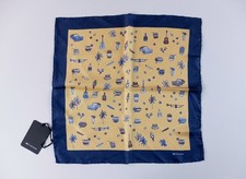 KITON Napoli navy blue  yellow Cuban icons print silk pocket square authentic