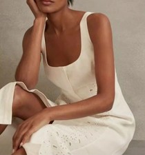 REISS Clarise Embroidered Eyelet Linen Midi Dress Size 6 Ivory White Graduation