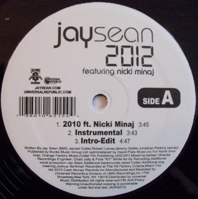 12” Jay Sean, Nicki Minaj 2012 JASN2012 Cash Universal Republic US Vinyl /00250 12
