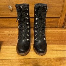 UGG Women  s Fabrice Black Leather High Heel Ankle Boots Size 9