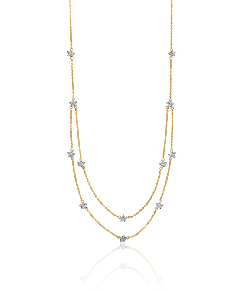 14K Solid Two Tone Gold Double Chain Star Layering Necklace - Image 2 of 4
