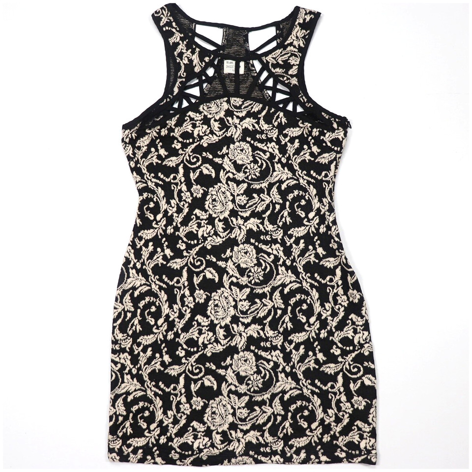Size 12 Mini Bodycon Dress Floral Stretchy Sleeveless Black Cream Stylish Sexy