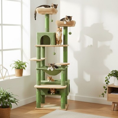 Cat Tower for Multiple Cats with Two Hideaways and Large Hammock