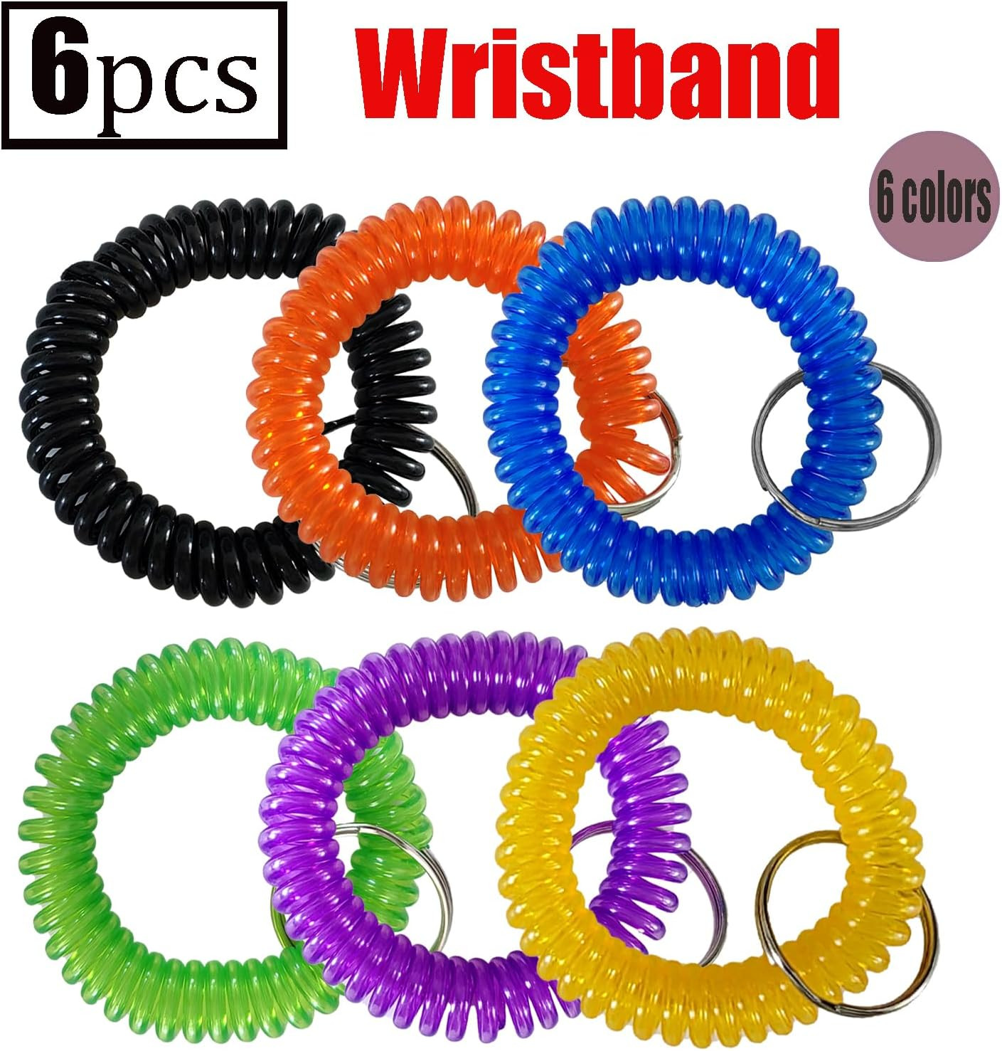 6 Pack Wrist Coil Keychain Stretch Spring Spiral Bracelets Key Holder