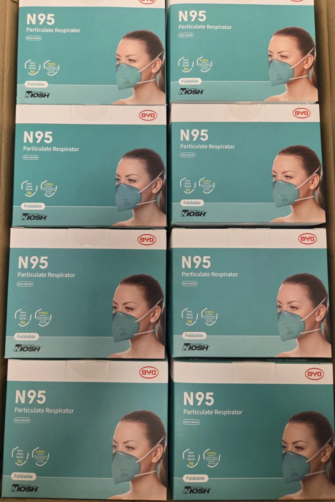8 Boxes, 160 Count BYD Genuine N95 Foldable Particulate Respirator Face Masks
Opens in a new window