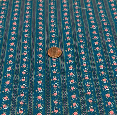 Pink Posies * Stripes * on Teal * Unbranded * 100% Cotton Remnant * 8'' x 21''