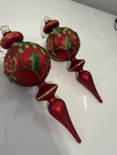 Red Glass Finial Christmas Tree Ornaments Holly Leaves Gold Trim 8 Set Of 2