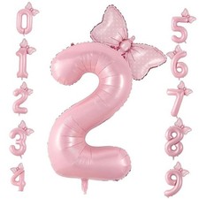 40in Balloon with Bow, Pink Large Happy Birthday Balloon for Girls 2nd Number 2