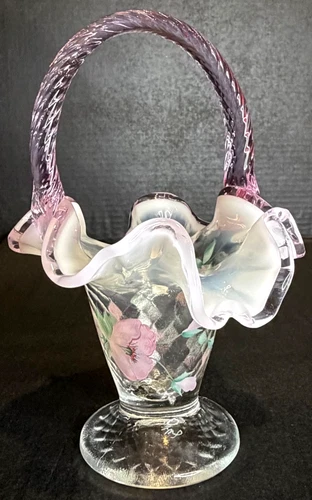 VTG Fenton Pink White Glass Hand Painted Ruffled Edge Spring Basket Floral