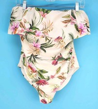 Kona Sol Womens Bandeau Flounce Floral High Coverage One-Piece Swimsuit L 12-14 