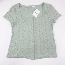 Elodie Tee Womens XL Green Floral Button Tshirt Shirt NWT