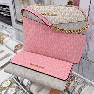 Michael Kors Jet Set Travel MD Dome Crossbody Bag MK Carnation + Wallet
