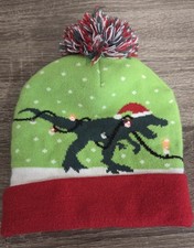 Christmas Beanie Hat Santa T-Rex Dinosaur Flashing Light Up 7-14