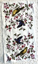 VTG Linen TEA TOWEL Floral BIRDS Oriole Bluebird Hand Guest Kitchen 16" x 28"