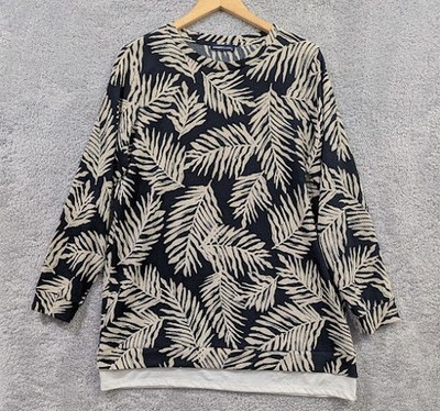 LC Waikiki Women's Long Sleeve Top XL Deep Navy Blue and Cream/Tan Palm Print