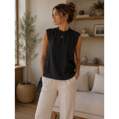 b.young Top Women Size 38 Medium Black Fedora Minimalist Mock Neck Sleeveless