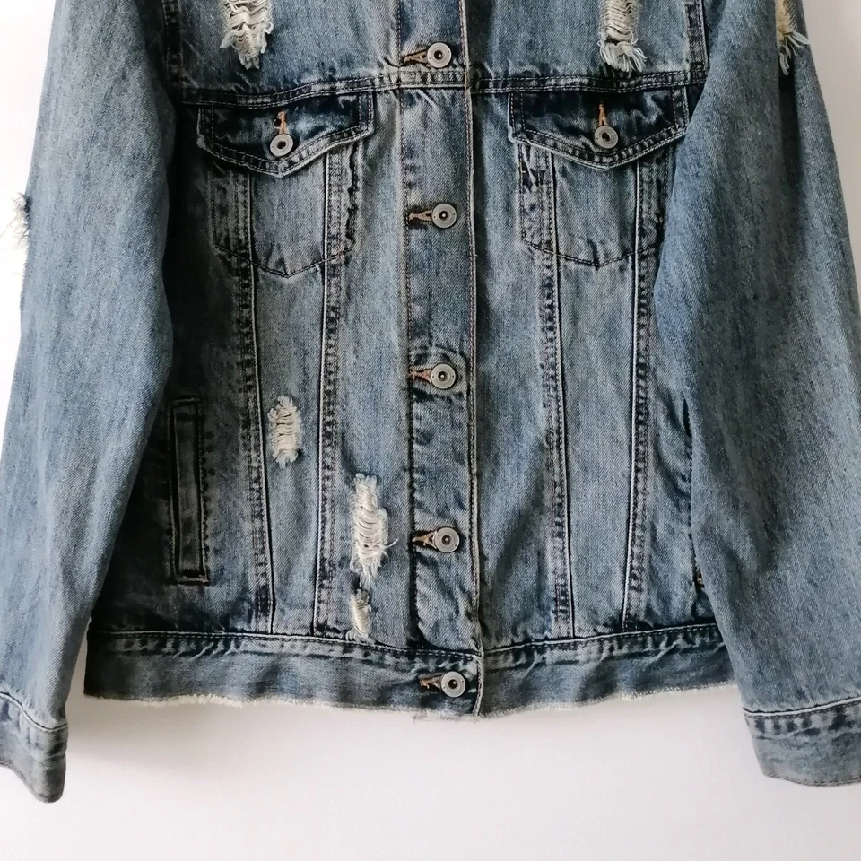 Chaqueta de mezclilla envejecida con botones azul manga larga American Rag para mujer talla M Foto 3 de 4