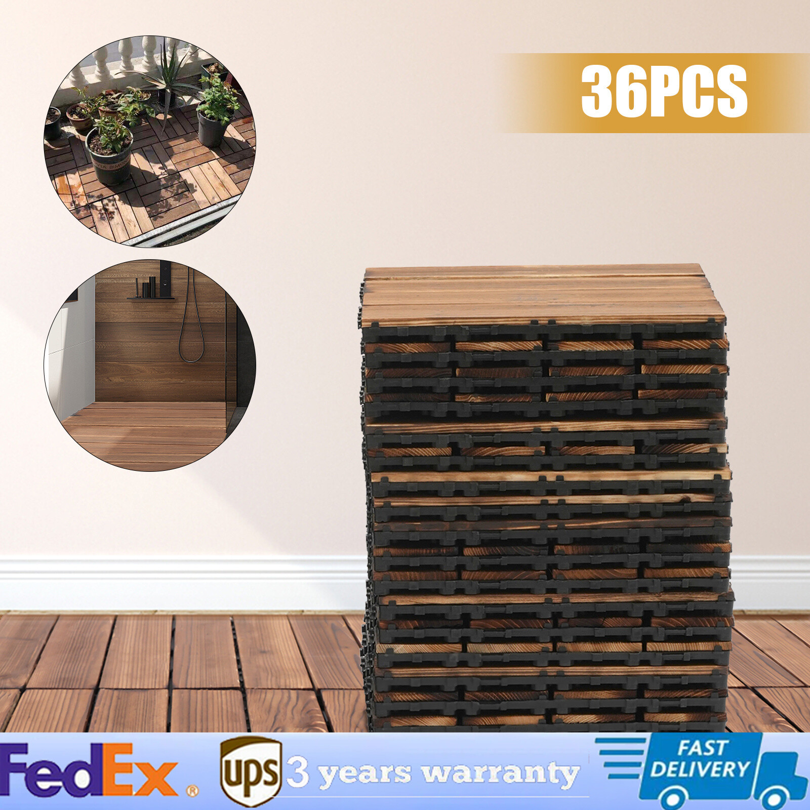 36Pcs Hardwood Interlocking Patio Deck Tiles Wood Flooring DIY Outdoor 12''x12''