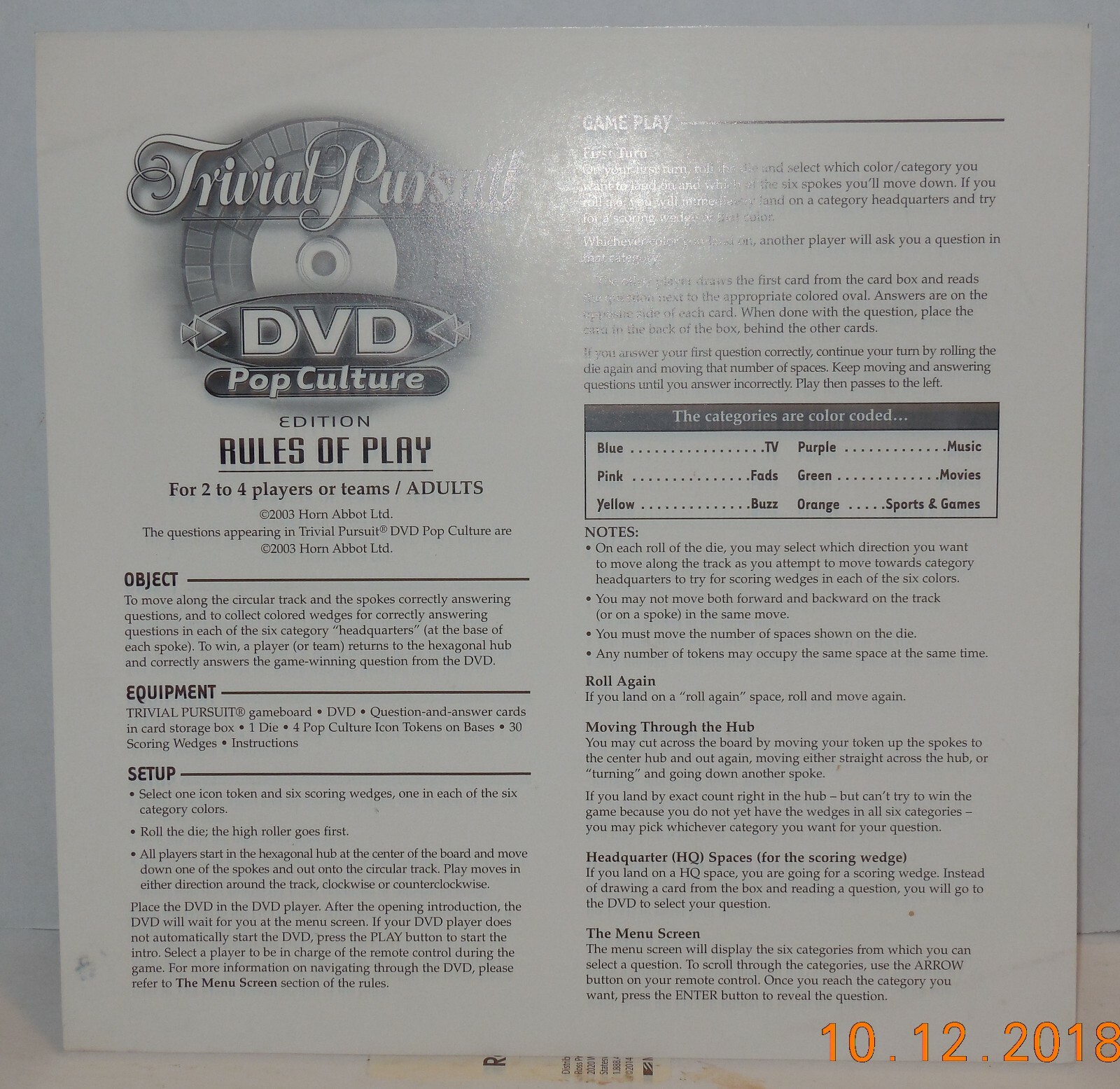 2003 Hasbro Trivial Pursuit DVD Pop Culture Replacement Rules Of Play Sheet  | eBay