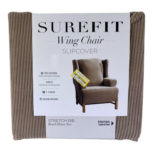 Sure Fit Stretch Twill Wing Chair Slipcover – Taupe, Machine Washable, Fits Up To 45" Height