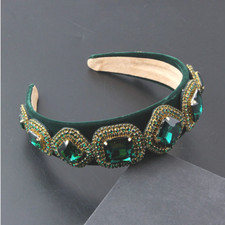 LUXURY HANDMADE GREEN VELVET RHINESTONE HEADBAND HAIR ACCESSORY, BRIDAL, RACES