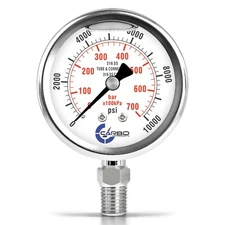 2-1/2" Pressure Gauge, ALL STAINLESS STEEL, Liquid Filled, Lower Mnt, 10000 Psi