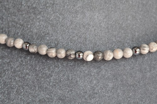 EARTH JASPER & HEMATITE 4MM ROUND NECKLACE 18" 925 STERLING SILVER - Picture 2 of 2