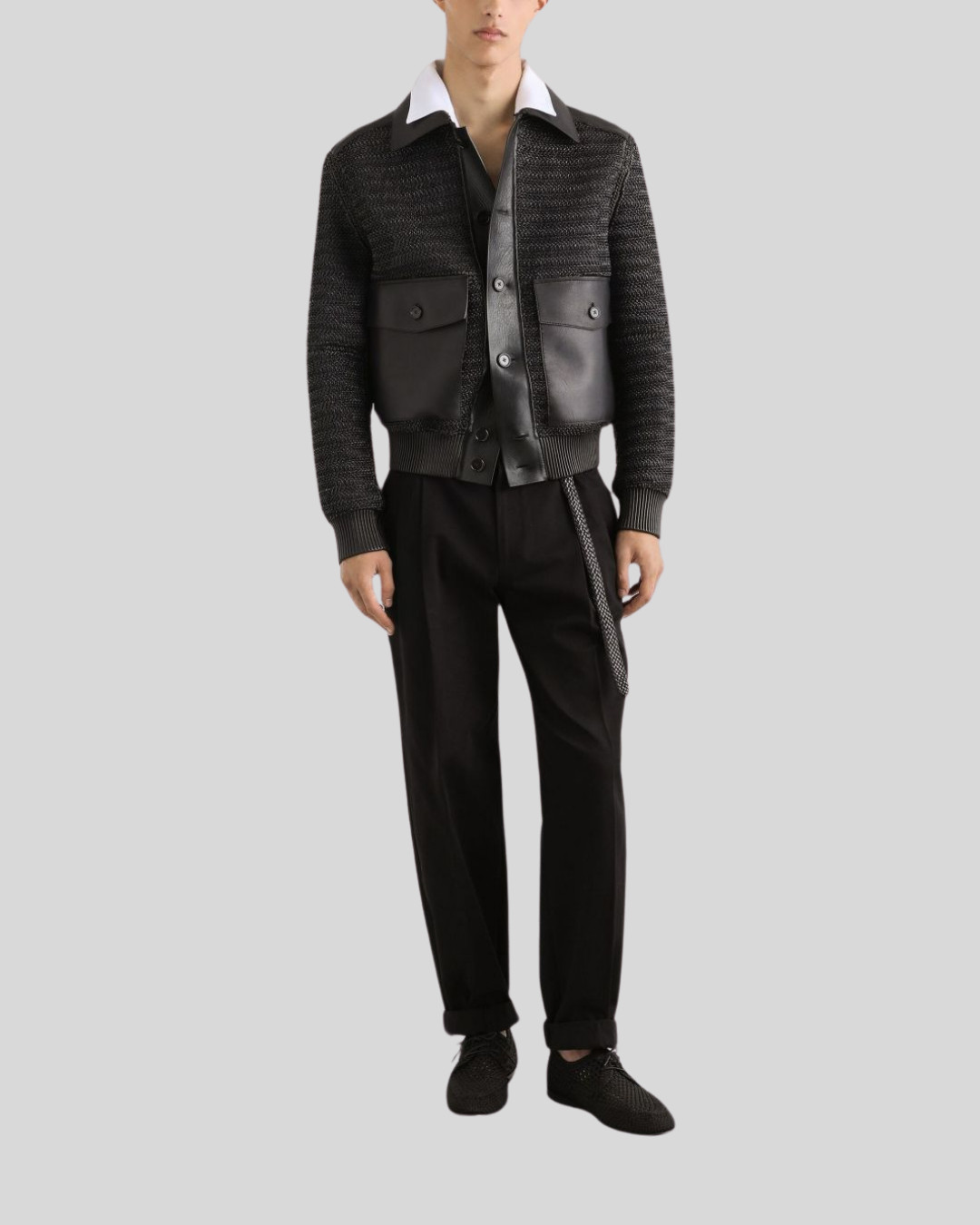 Luxury Knit Leather Bomber Jacket – Black Textured Panel Collared Outerwear - second product detail image