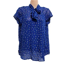 Pleione Lined Mock Neck Top Blouse Shirt Women Size S Blue Floral
