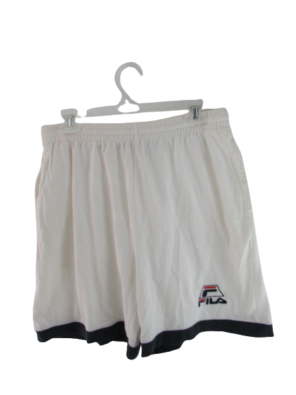 Vintage FILA Donna Maglia Pantaloncini L Bianco Navy Bordo Elastico Vita Casual