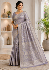 Pure Katan Silk Banarasi Saree, Dusty Lavender Handwoven Silver Zari Saree