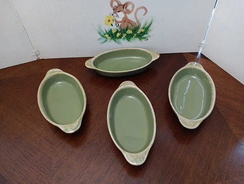 Set of 4 Vintage Hull Pottery Drip Glaze Au Gratin Oven Proof Casserole Avocado