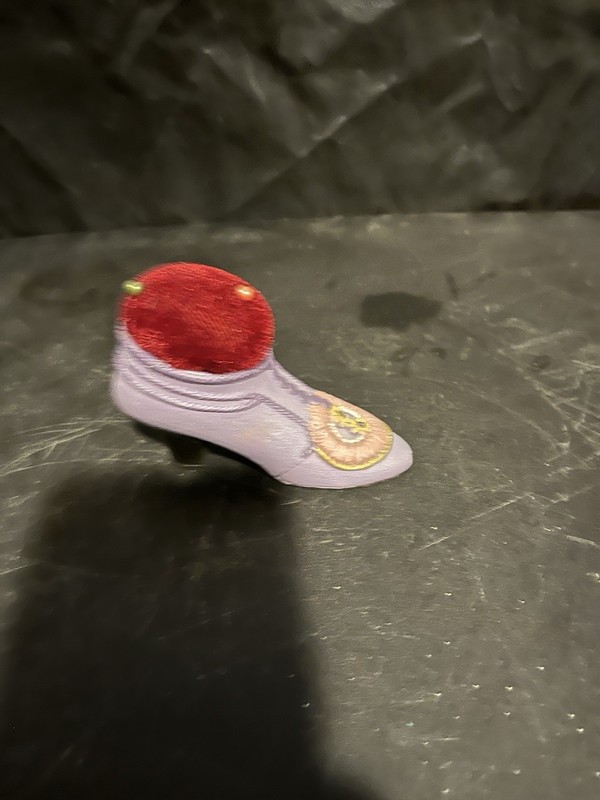 Shoe-Shaped Pin Cushion Plastic with Red Velvet Top, Decorative Flower Detail