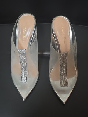 GIANVITO ROSSI Silver SIGMA 37 1/2  PVC Crystals Shoes Mules Heels