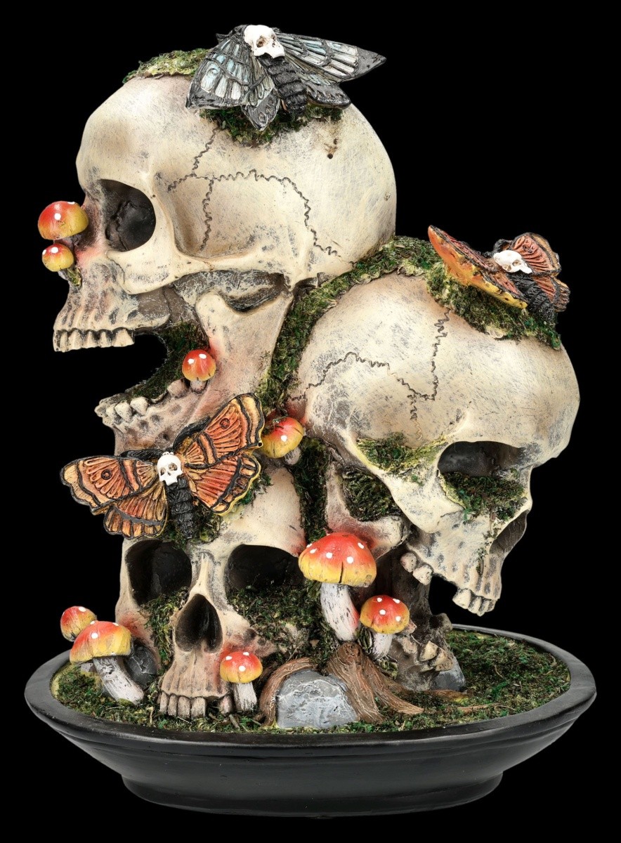 Skull Decorative Figure With Moths And Mushrooms - Witch Nature Wicca Halloween