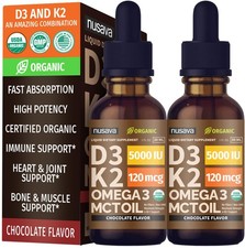 2 Pack Organic Vitamin D3 K2 Drops with MCT Oil Omega 3, 5000 IU, Maximum Str...
