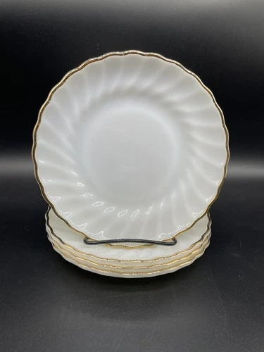 4 Vintage Anchor Hocking Milk Glass Scallop Swirl Gold Rim 7-1/4" Salad Plate