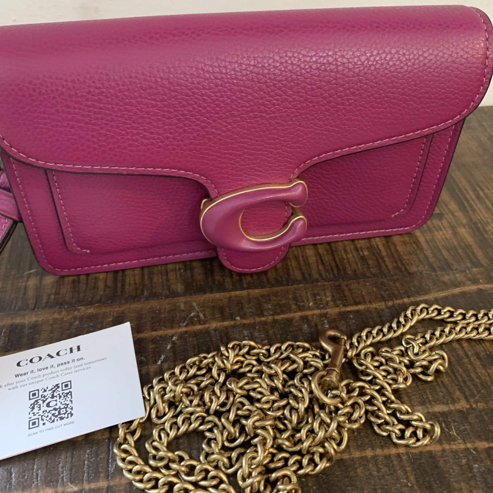 Tracolla Coach CJ925 viola magenta Tabby convertibile catena oro nuova con etichette