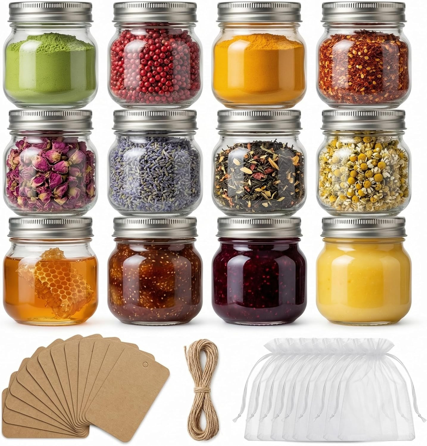 8 Oz Mason Jars with Airtight Silver Lids - 30 Pack Small Glass Jars Set with La