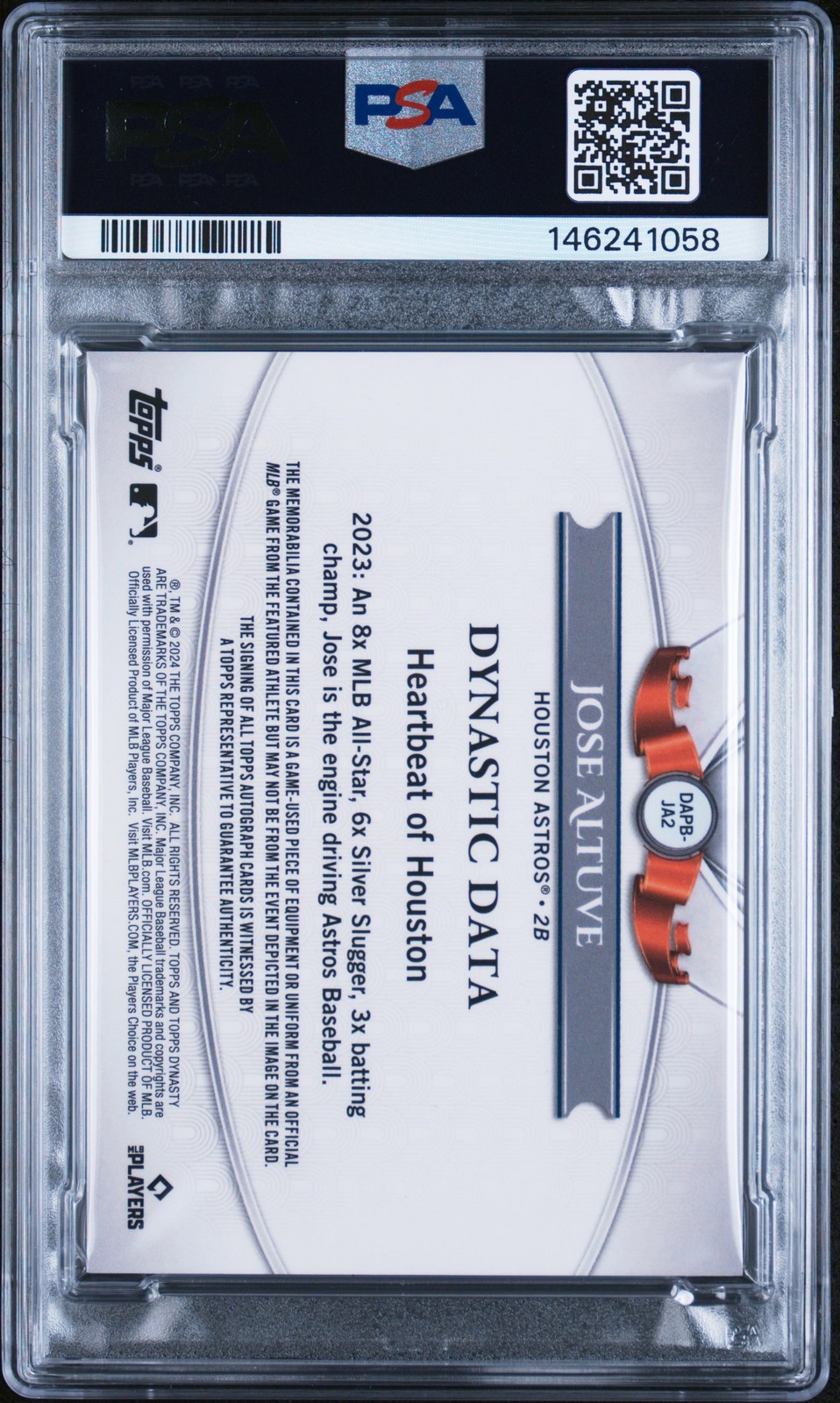 2024 TOPPS DYNASTY AUTOGRAPHED PATCH DESIGN B JOSE ALTUVE 2/5 PSA 8 AUTO 10 view 2