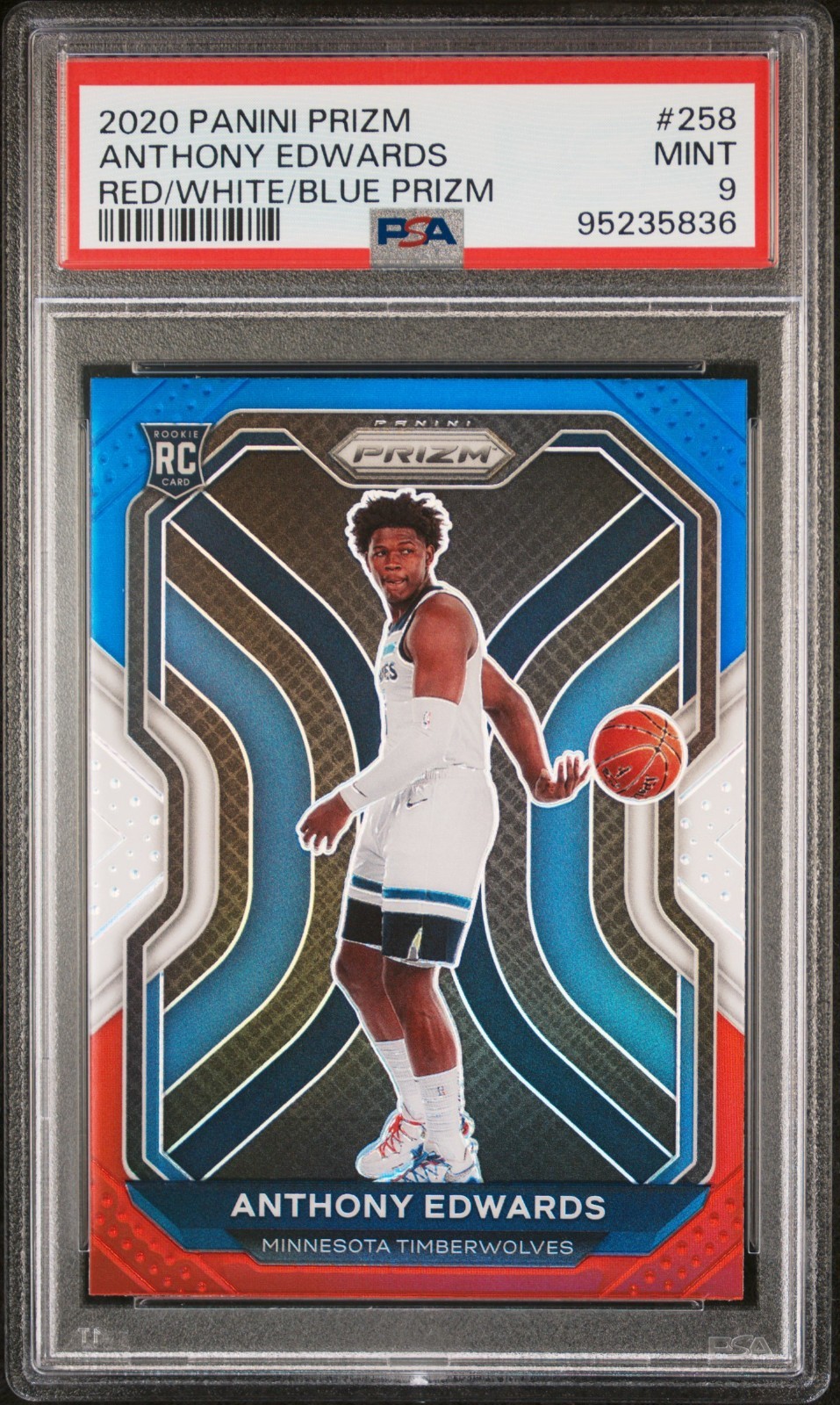 2020-21 Prizm ANTHONY EDWARDS Rookie RC Timberwolves #258 Red White Blue PSA 9 view 1