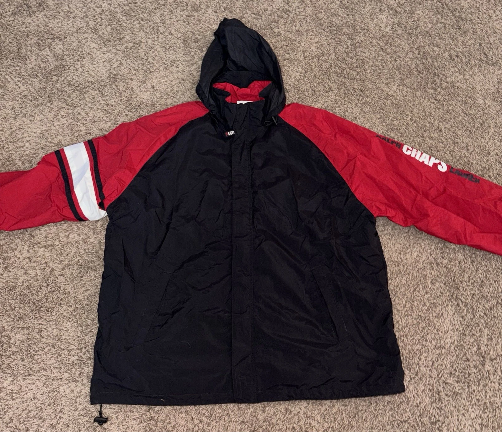 Mens Red and Black Ralph Lauren Chaps Hood Windbreaker Jacket Size XL/XG