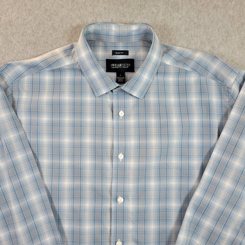 Kenneth Cole Awearness Dress Shirt Men's Size Large Blue Gray Plaid Stretch Slim - Picture 2 of 9