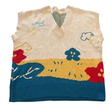 Knit  Retro Sweater Vest Landscape Floral Embroidery V-Neck Sleeveless XL